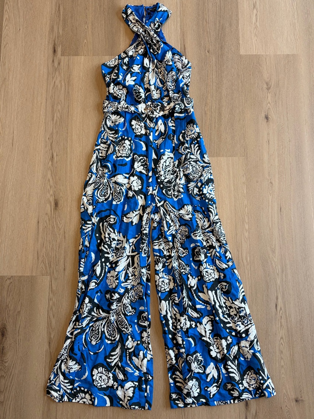 NWT Karen Millen Cross Front Halter Belted Woven Wide Leg Jumpsuit - Picture 5 of 11